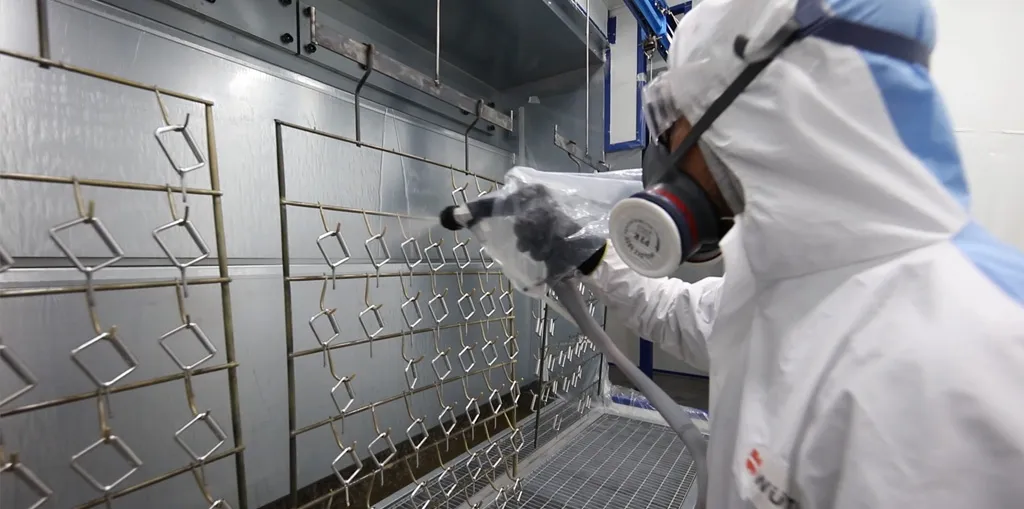 Operatore durante trattamento superficiale di componente tecnico